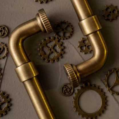 Detail of the aged bronze bar surface and solid brass end posts on the DARCY pull