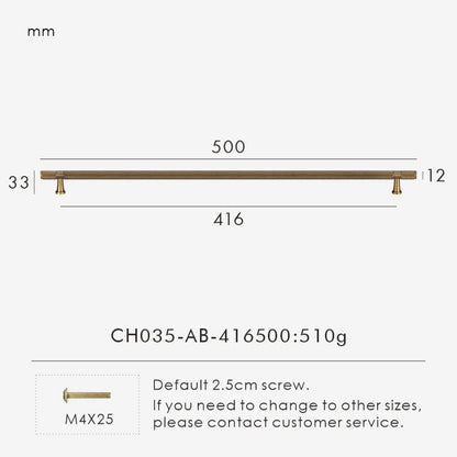 Technical dimensions diagram for the QUILL diamond-knurl pull bar with centre-to-centre measurements in millimetres