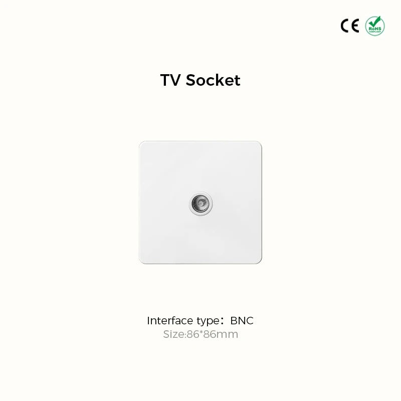 White stainless steel switch plate and TV socket — matching set for boutique hotel interior