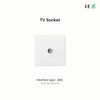 White stainless steel switch plate and TV socket — matching set for boutique hotel interior