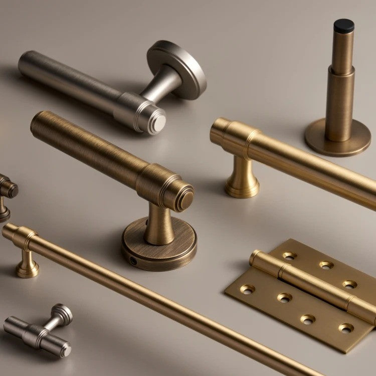 Solid brass door handle in antique brass finish installed on modern interior door
