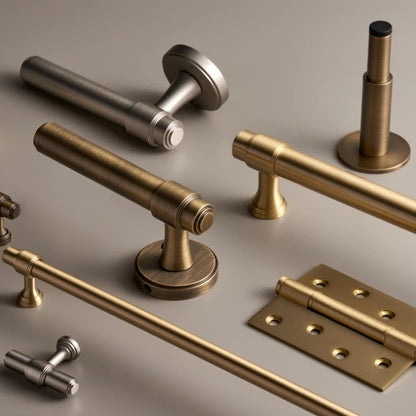 Solid brass door handle in antique brass finish installed on modern interior door