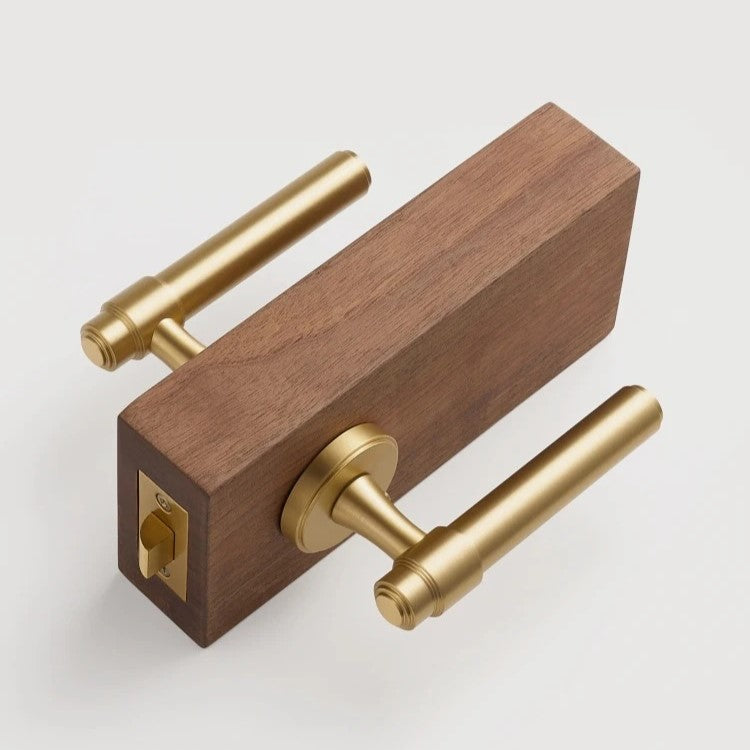 Detail of solid brass lever handle in antique brass — non-corrosive heavy-duty construction