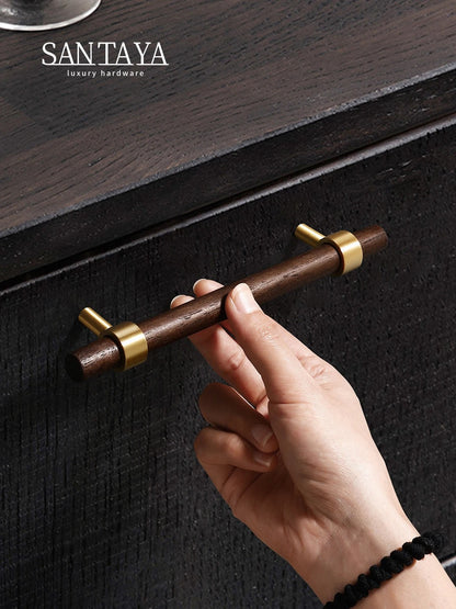 CLAUS | Black Walnut T-Bar Cabinet Handles | Solid Wood & Brass Pulls