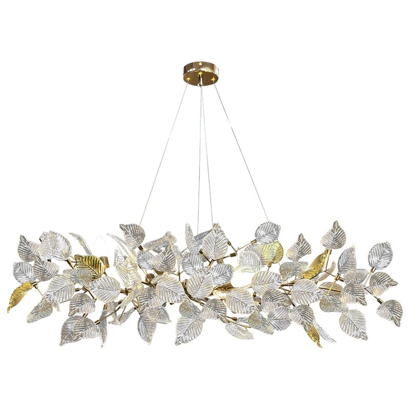 SORA crystal copper chandelier angled view showing linear bar body and hanging crystal droplets